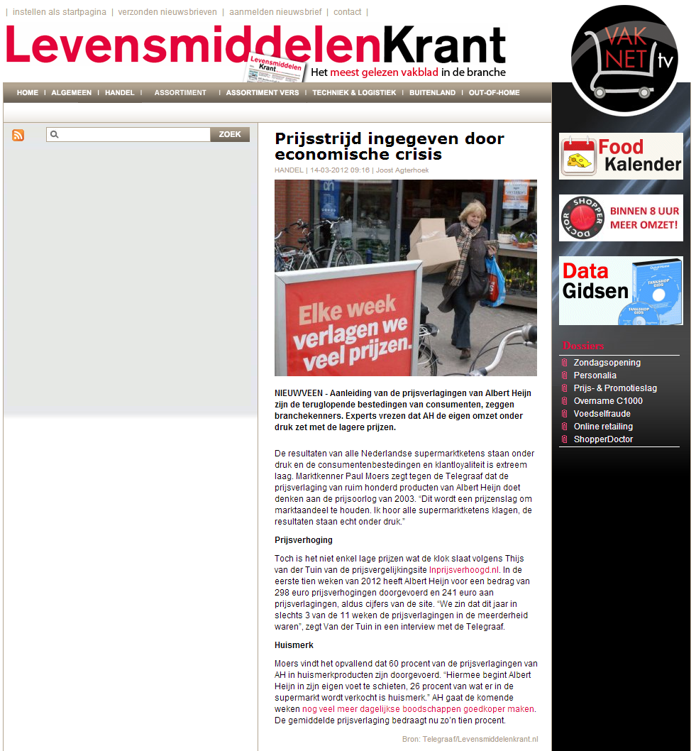 Levensmiddelenkrant.nl: Prijsstrijd ingegeven door economische crisis