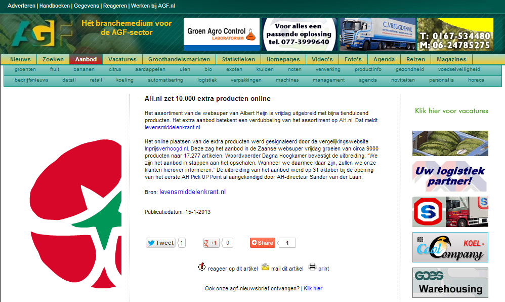 AGF.nl: AH.nl zet 10.000 extra producten online