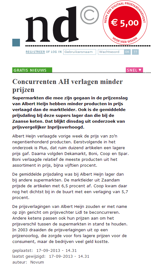 ND: Concurrenten AH verlagen minder prijzen