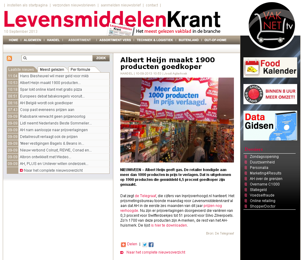 Levensmiddelenkrant.nl: Albert Heijn maakt 1900 producten goedkoper