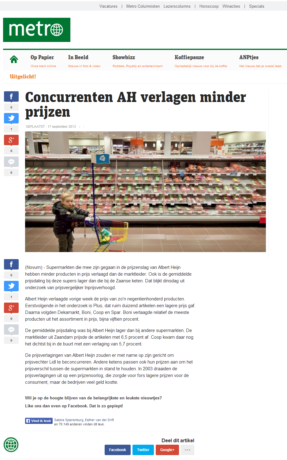 Metronieuws.nl: Concurrenten AH verlagen minder prijzen