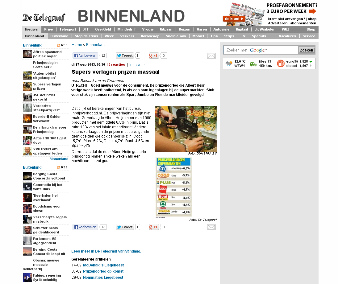 Telegraaf: Supers verlagen prijzen massaal