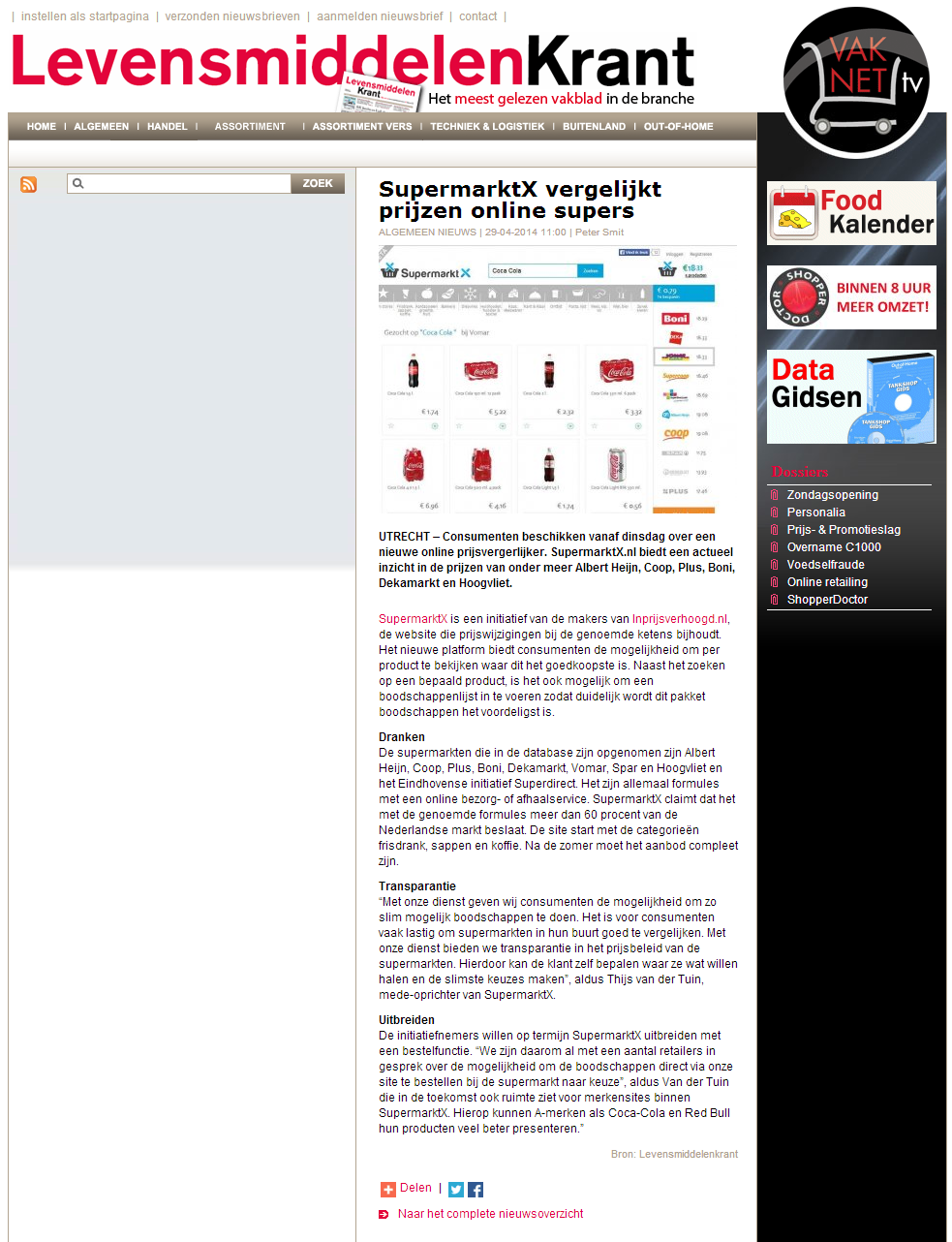 Levensmiddelenkrant.nl: SupermarktX vergelijkt prijzen online supers